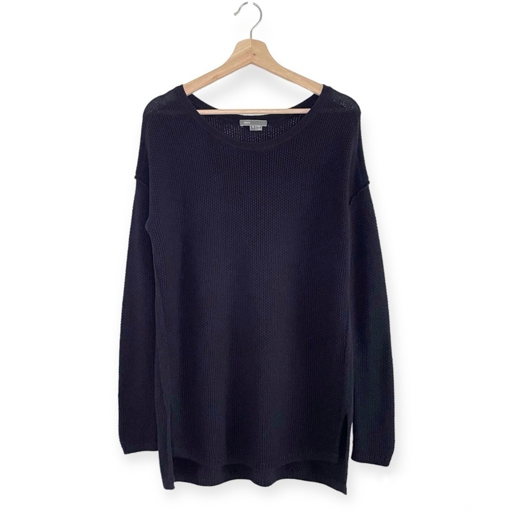 Vince Seed Stitch Relaxed Cotton Cashmere Tunic Sweater Navy Small